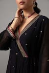 Buy_Label Shreya Sharma_Black Kurta And Pant Chanderi Embroidered Floral V Neck Angarkha Anarkali Set_Online_at_Aza_Fashions