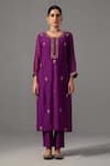 Label Shreya Sharma_Purple Kurta And Pant Chanderi Embroidered Floral Round Straight Set _Online_at_Aza_Fashions