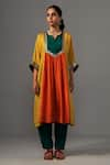 Buy_Label Shreya Sharma_Yellow Pure Silk Gota Lace Round Colour Block Panel Kurta With Pant _at_Aza_Fashions