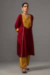 Label Shreya Sharma_Red Pure Silk Gota Lace Round Colour Block Kurta With Pant_Online_at_Aza_Fashions