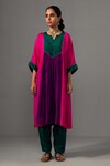 Label Shreya Sharma_Pink Pure Silk Gota Lace Round Colour Block Kurta With Pant_Online_at_Aza_Fashions