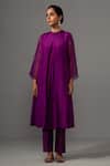 Buy_Label Shreya Sharma_Purple Kurta Pure Silk Sequin Band Collar Box Pleat With Pant_at_Aza_Fashions