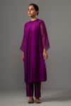 Label Shreya Sharma_Purple Kurta Pure Silk Sequin Band Collar Box Pleat With Pant_Online_at_Aza_Fashions