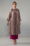 Buy_Label Shreya Sharma_Brown Pure Silk Printed Floral Band Collar Kurta With Pant _at_Aza_Fashions