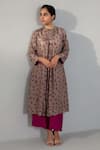 Shop_Label Shreya Sharma_Brown Pure Silk Printed Floral Band Collar Kurta With Pant _Online_at_Aza_Fashions