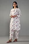 Label Shreya Sharma_White Linen Printed Rose Mandarin Collar Kurta With Pant _Online_at_Aza_Fashions