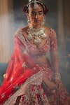 Shop_Kalighata_Red Raw Silk Embroidery Zardozi Sweetheart Isra Bridal Lehenga Set _at_Aza_Fashions