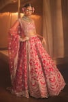 Buy_Kalighata_Red Raw Silk Hand Embroidered Zardozi Leaf Neck Magnum Bridal Lehenga Set _at_Aza_Fashions