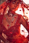 Shop_Kalighata_Maroon Net Hand Embroidered 3d Flower Merlin Rose Bridal Lehenga Set _Online_at_Aza_Fashions