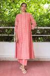 Buy_Vaayu_Pink Cotton, Muslin Round Neck Geometric Print A-line Kurta With Pant_at_Aza_Fashions