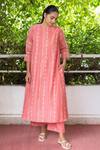 Vaayu_Pink Cotton, Muslin Round Neck Geometric Print A-line Kurta With Pant_Online_at_Aza_Fashions