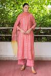 Buy_Vaayu_Pink Cotton, Muslin Embroidery, Lace Round Neck Linear Print Kurta Pant Set_at_Aza_Fashions