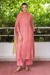 Vaayu_Pink Cotton, Muslin Embroidery, Lace Round Neck Linear Print Kurta Pant Set_Online_at_Aza_Fashions