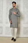 Buy_Arihant Rai Sinha_Grey Cotton Silk Printed Striped Band Collar Kurta _at_Aza_Fashions