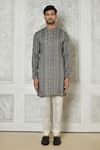 Arihant Rai Sinha_Grey Cotton Silk Printed Striped Band Collar Kurta _Online_at_Aza_Fashions