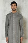 Buy_Arihant Rai Sinha_Grey Cotton Silk Printed Striped Band Collar Kurta _Online_at_Aza_Fashions