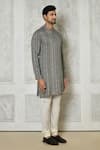 Shop_Arihant Rai Sinha_Grey Cotton Silk Printed Striped Band Collar Kurta _Online_at_Aza_Fashions