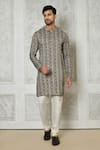 Buy_Arihant Rai Sinha_Grey Cotton Silk Printed Geometric And Striped Kurta _at_Aza_Fashions