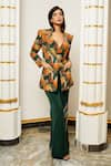 Ahi Clothing_Multi Color Heavy Crepe Printed Leaf Broad V Coat Pant Set _Online_at_Aza_Fashions