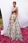 Shop_Ahi Clothing_Purple Heavy Organza Printed Floral V Neck Lehenga Embroidered Bustier Set _Online_at_Aza_Fashions