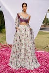 Ahi Clothing_Purple Heavy Organza Printed Floral V Neck Lehenga Embroidered Bustier Set _at_Aza_Fashions