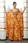 Buy_Ahi Clothing_Orange Heavy Crepe Wave Print Longline Cape Palazzo Set_at_Aza_Fashions