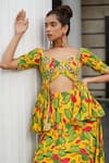 Ahi Clothing Yellow Crepe Mirrors, Zari Sweetheart Floral Print Peplum Blouse And Lehenga Set at Aza Fashions Ahi Clothing_Yellow Crepe Mirrors, Zari Sweetheart Floral Print Peplum Blouse And Lehenga Set _at_Aza_Fashions