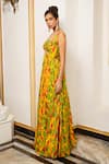 Ahi Clothing_Yellow Heavy Georgette Printed Floral Sweetheart High Slit Maxi Dress _Online_at_Aza_Fashions