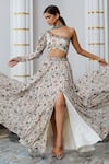 Ahi Clothing_Cream Heavy Georgette Printed Floral One-shoulder Kalidaar Lehenga Set _Online_at_Aza_Fashions