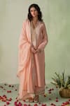 Buy_VARUN CHHABRA_Peach Kurta Chanderi Silk Embroidered Resham Thread V Neck Set_at_Aza_Fashions