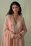 VARUN CHHABRA_Peach Kurta Chanderi Silk Embroidered Resham Thread V Neck Set_Online_at_Aza_Fashions