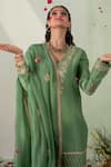 VARUN CHHABRA_Green Chanderi Embroidered Dori V Neck Kurta Gharara Set_Online_at_Aza_Fashions