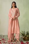 Buy_VARUN CHHABRA_Peach Kurta Chanderi Silk Embroidered Zari Round Neck Work Set_at_Aza_Fashions