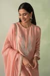 VARUN CHHABRA_Peach Kurta Chanderi Silk Embroidered Zari Round Neck Work Set_Online_at_Aza_Fashions