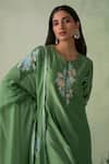 VARUN CHHABRA_Green Kurta Chanderi Silk Embroidered Floral Patch Round Neck Work Set_Online_at_Aza_Fashions