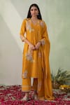 Buy_VARUN CHHABRA_Yellow Kurta Chanderi Silk Embroidered Floral Applique V Neck Work Set_at_Aza_Fashions