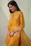 Buy_VARUN CHHABRA_Yellow Kurta Chanderi Silk Embroidered Floral Applique V Neck Work Set_Online_at_Aza_Fashions