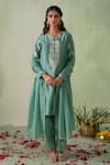 Buy_VARUN CHHABRA_Green Kurta Chanderi Silk Embroidered Floral Patch Notched Round Neck Set_at_Aza_Fashions