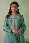 VARUN CHHABRA_Green Kurta Chanderi Silk Embroidered Floral Patch Notched Round Neck Set_Online_at_Aza_Fashions