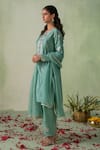 Buy_VARUN CHHABRA_Green Kurta Chanderi Silk Embroidered Floral Patch Notched Round Neck Set_Online_at_Aza_Fashions