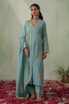 Buy_VARUN CHHABRA_Blue Kurta And Salwar Cambric Cotton Lined With Floral Placement Set _at_Aza_Fashions