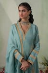 VARUN CHHABRA_Blue Kurta And Salwar Cambric Cotton Lined With Floral Placement Set _Online_at_Aza_Fashions