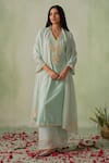 Buy_VARUN CHHABRA_Blue Kurta Chanderi Silk Embroidered Resham V Neck Work Set_at_Aza_Fashions