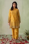 Buy_VARUN CHHABRA_Yellow Chanderi Block Printed And Embellished Foil Round Collar Floral Kurta Set _Online_at_Aza_Fashions