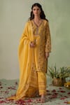 Buy_VARUN CHHABRA_Yellow Kurta Chanderi Block Printed And Embellished Floral V Neck Pant Set _at_Aza_Fashions