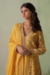 VARUN CHHABRA_Yellow Kurta Chanderi Block Printed And Embellished Floral V Neck Pant Set _Online_at_Aza_Fashions