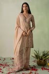 Buy_VARUN CHHABRA_Beige Kurta Chanderi Block Printed And Embellished Floral V Neck Pant Set _at_Aza_Fashions