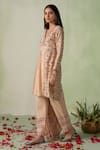 Shop_VARUN CHHABRA_Beige Kurta Chanderi Block Printed And Embellished Floral V Neck Pant Set _Online_at_Aza_Fashions