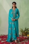 Buy_VARUN CHHABRA_Blue Kurta Chanderi Silk Embroidered Zari Notched Sequin Set _at_Aza_Fashions