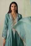 VARUN CHHABRA_Blue Kurta Chanderi Silk Embroidered Zari Notched Thread Set_Online_at_Aza_Fashions
